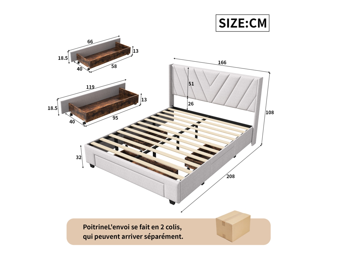 Cama De Casal 160 X 200 Cm, Cama Estofada Com Gavetas, Cama Com Espaço De Arrumação, Cama Com Arrumação, Estrutura De Cama Em Metal, Sem Colchão