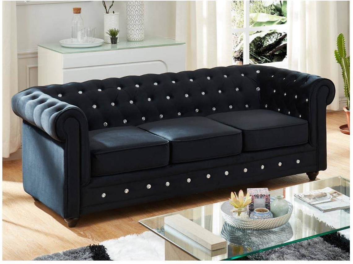 Conjunto Sofá e Poltrona Fixo Chesterfield VENTE-UNIQUE (Preto - Tecido e Veludo - 205x88x72 cm)