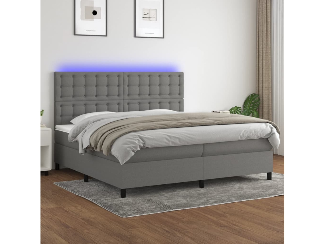 Cama Box Spring VIDAXL Colchão/LED (Cinzento - Tecido - 200 x 200 cm)