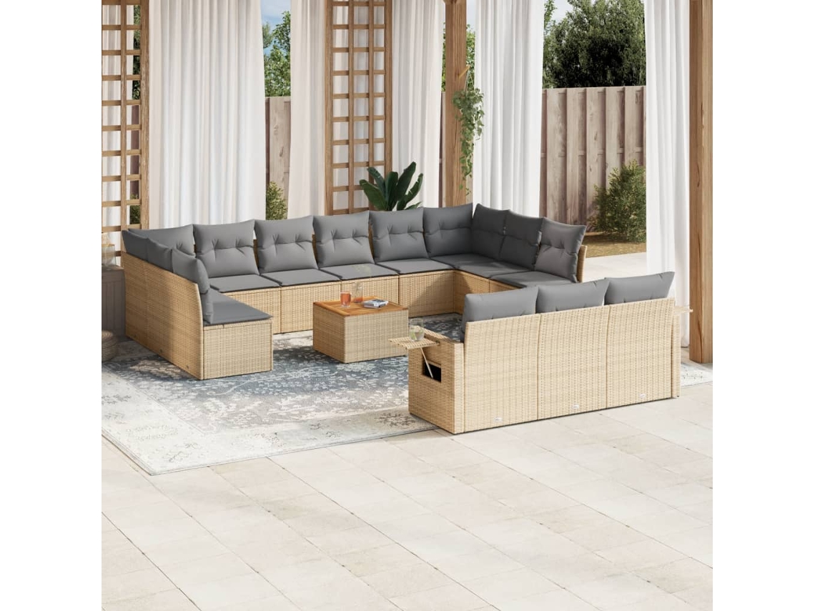 Conjunto 14 de sofás p/ jardim com almofadões VIDAXL vime PE bege