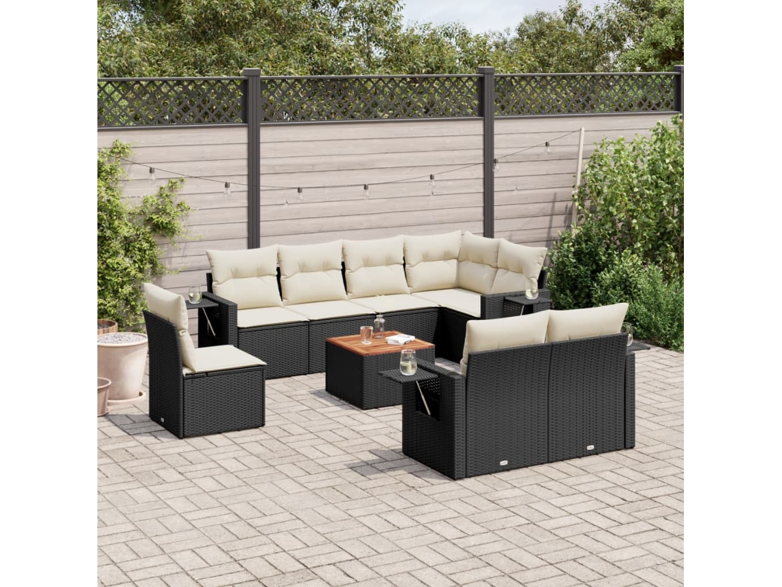 Conjunto 9 de sofás p/ jardim c/ almofadões vime PE preto