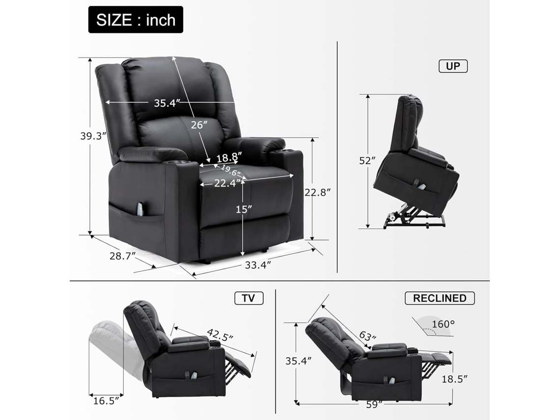 Poltrona COMHOMA Eléctrica Reclinável de Massagem Relaxante (em Pele -  Preto)