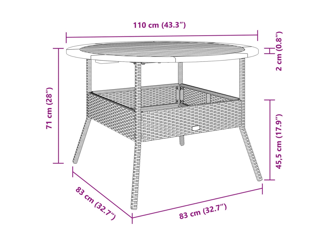Mesa de Jardim com Tampo de Acácia Ø110X71 Cm Vime Pe Bege PANGSHIYUAN