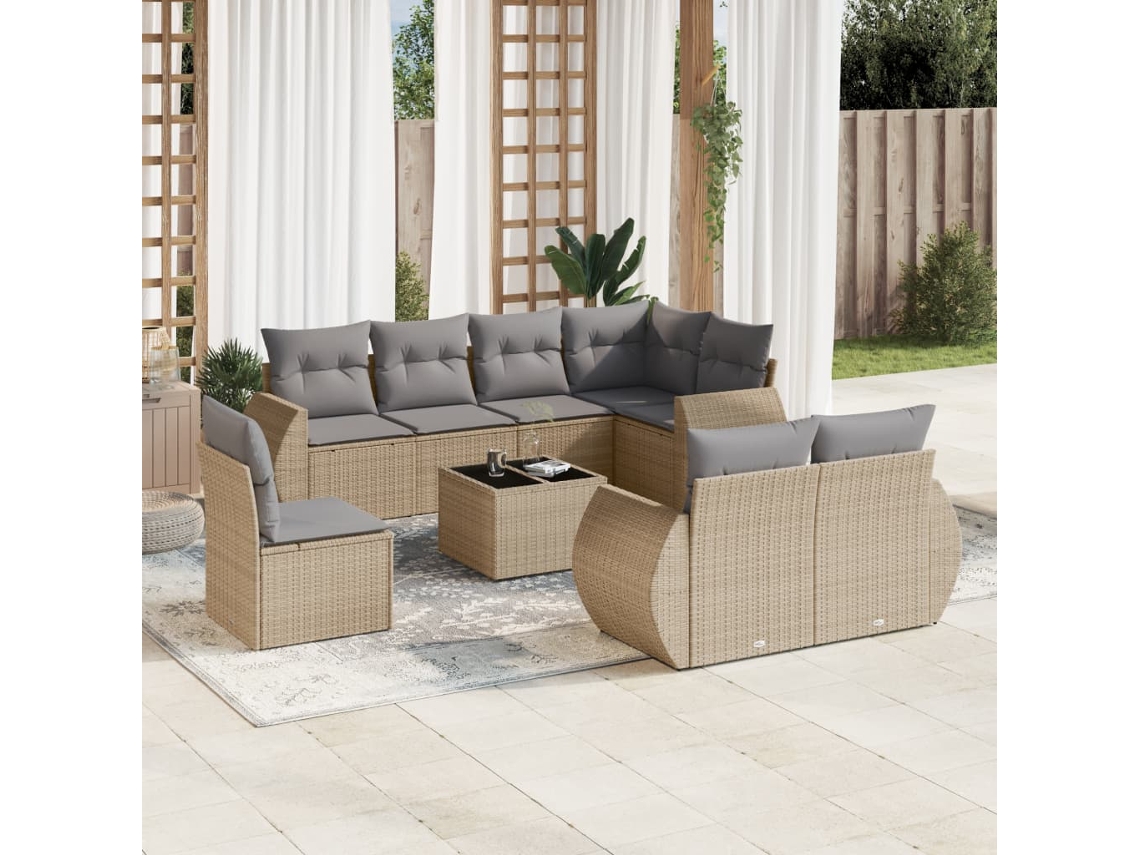 Conjunto 9 de sofás p/ jardim com almofadões vime PE bege