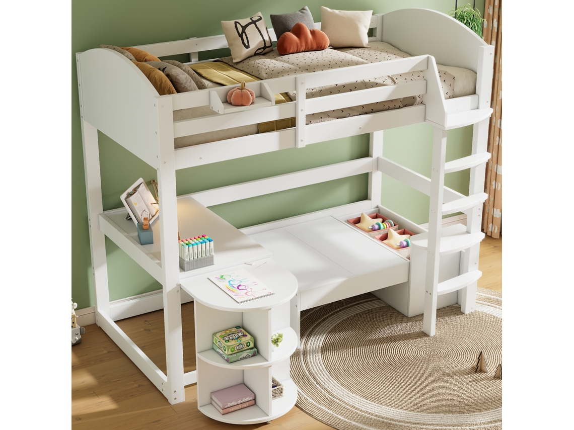 Cama Alta Infantil Multifuncional Com Escada, Mesa Retrã¡til, Sofã¡ Com Armazenamento E Estantes, Madeira Branca Haochrymec (206x98x181 Cm)