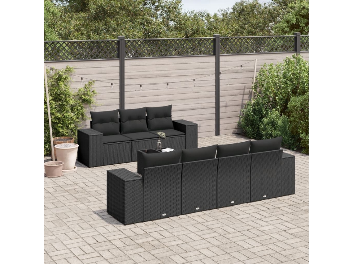 Conjunto 8 sofás de jardim VIDAXL com almofadões vime PE preto