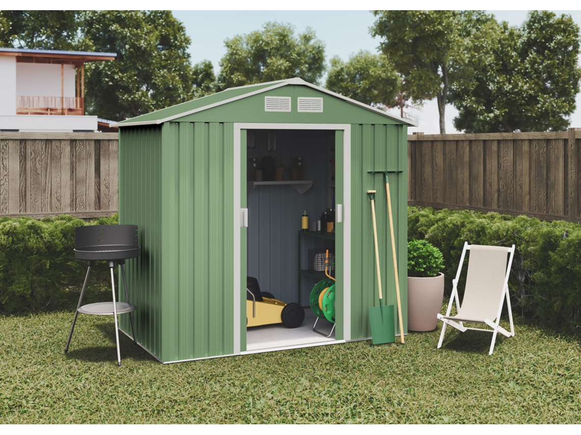 Abrigo de Metal WASABI Metálico Verde 2,57m² 196x131x196 cm 4 Grelhas Anti-Condensação Porta de Correr Dupla