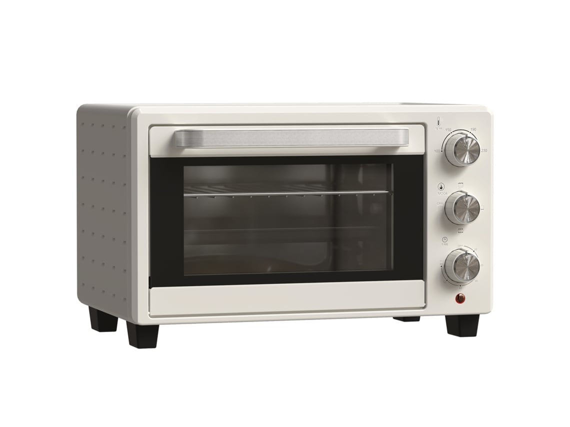 Forno pequeno de bancada com espeto giratório, 21 L, 3 funções, 100 °C - 230 °C, aço inoxidável e vidro, branco-creme. Inclui grelha Liptaptyn e assadeira.