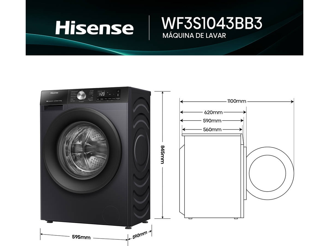 Máquina de Lavar Roupa HISENSE WF3S1043BB3 Serie 3S (10 kg - 1400 rpm - Preto)