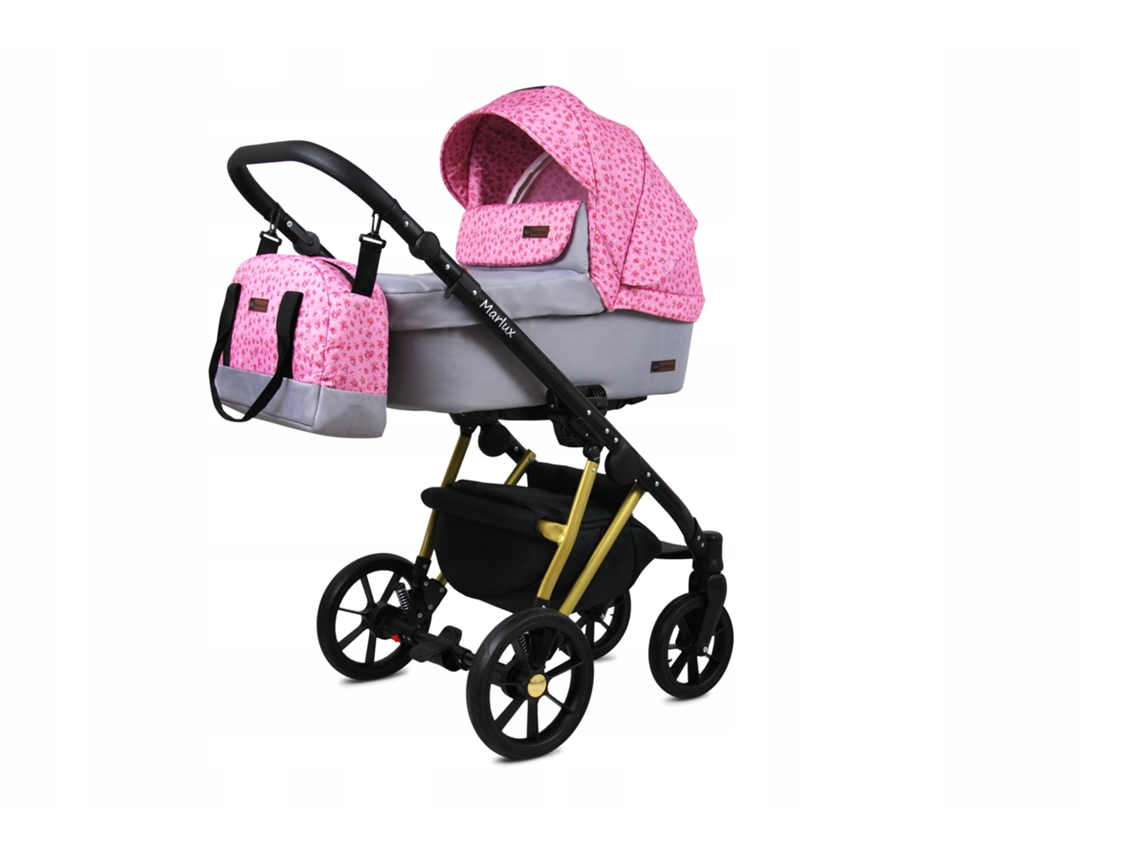 Carrinho de Bebé Multifuncional BABYLUX MARLUX 4 Em 1 -Small Roses Of Pink Gold Frame - Ajustável e dobrável Construção leve em alumínio - Acessórios