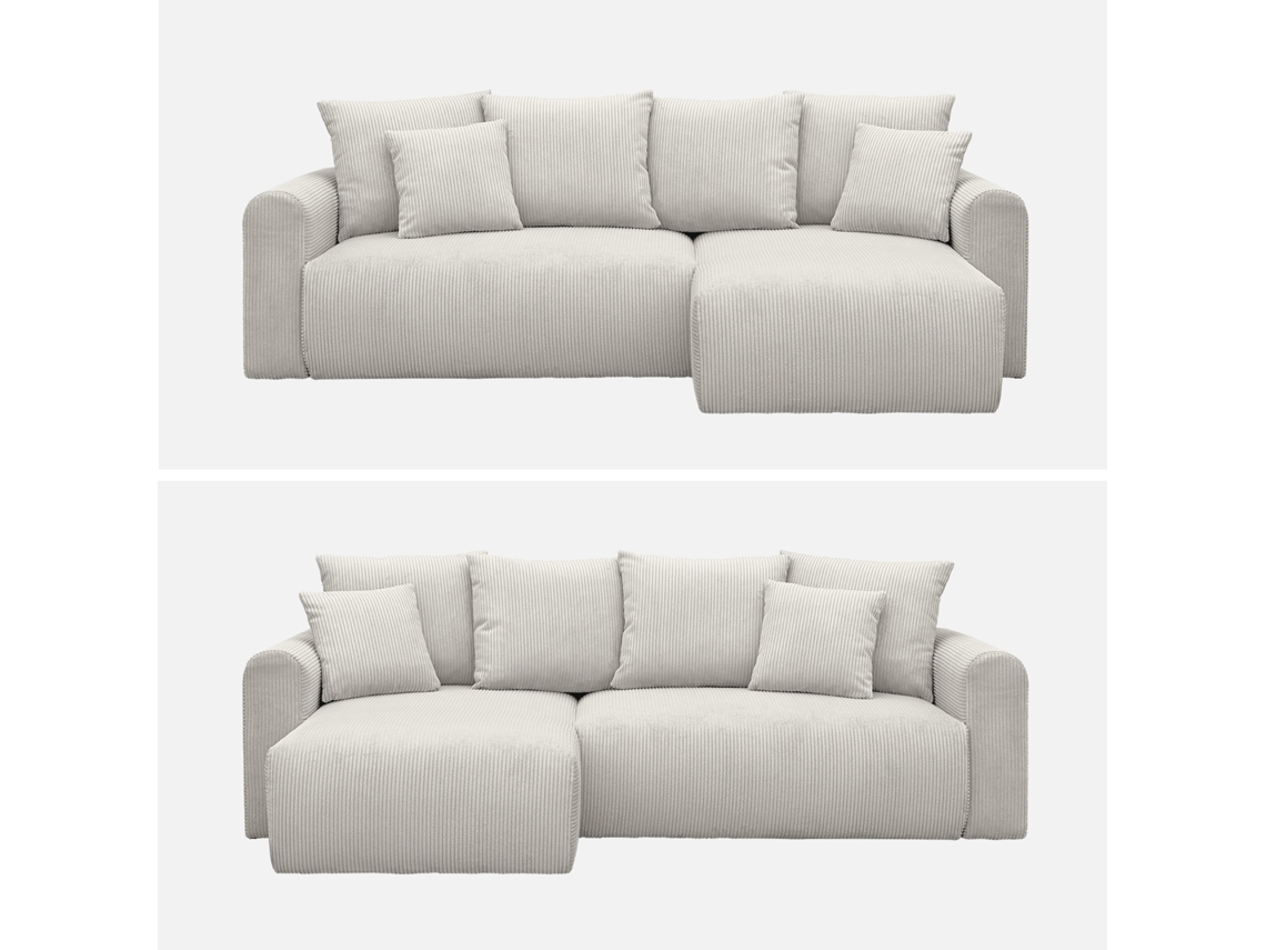Sofá de canto reversível Sweeek de 3 lugares em veludo canelado, bege acinzentado