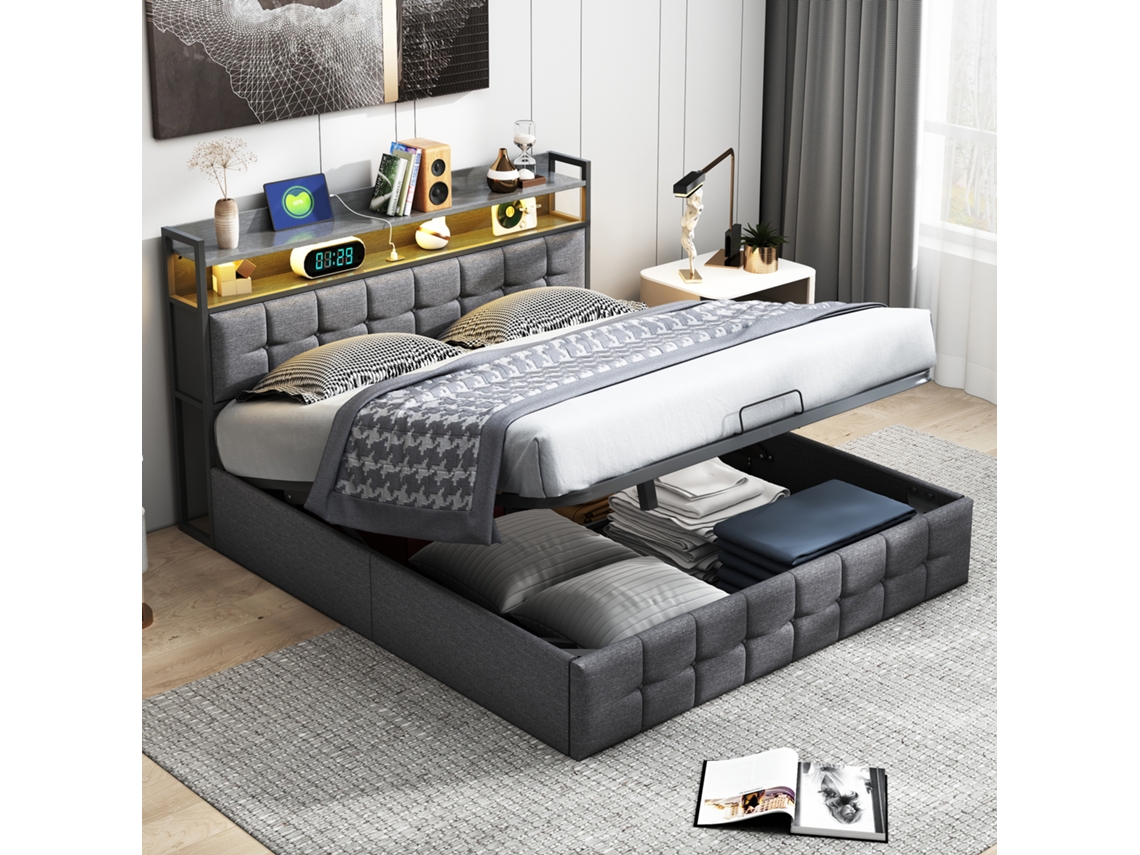 Cama De Casal Estofada 140x200cm Com Luz Led E Usb, Cama Com Arrumação Hidráulica, Estrutura De Ripas,tecido De Linho,cinzento,sem Colchão Rosahqnda