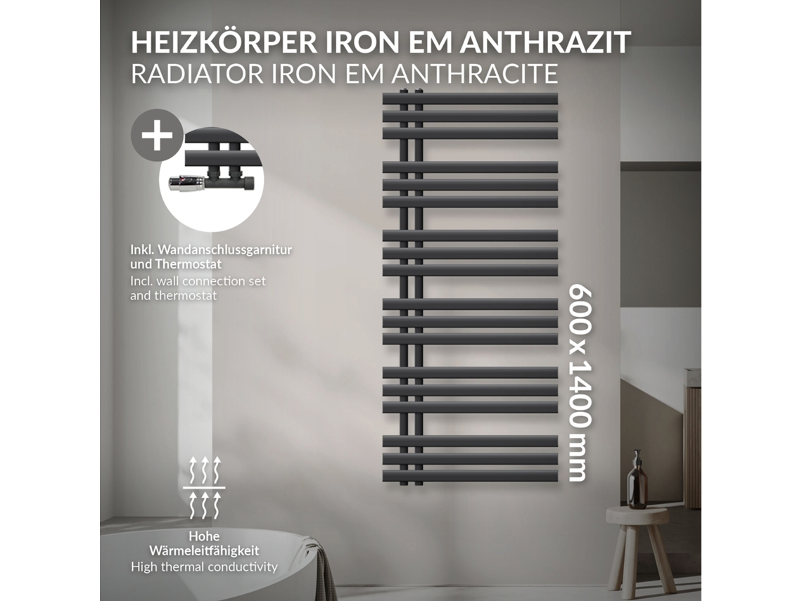 Radiador de Casa de Banho de Ligação Central 600x1400 mm Antracite Luxebath