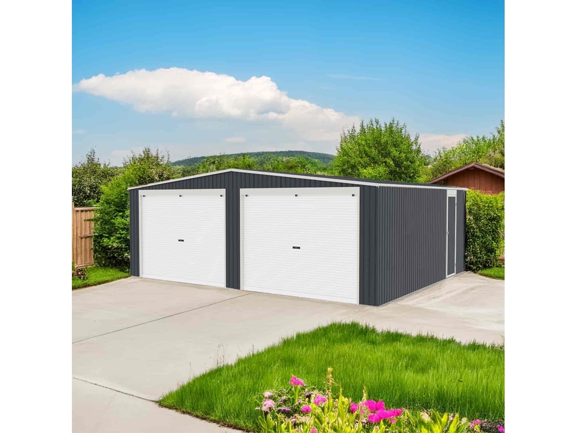 Garaje Metálico Gardiun Warwick 32,68 M2 513x637x241 Cm Para 2 Coches | Doble Puerta Deslizante Y Puerta Lateral | Antracita