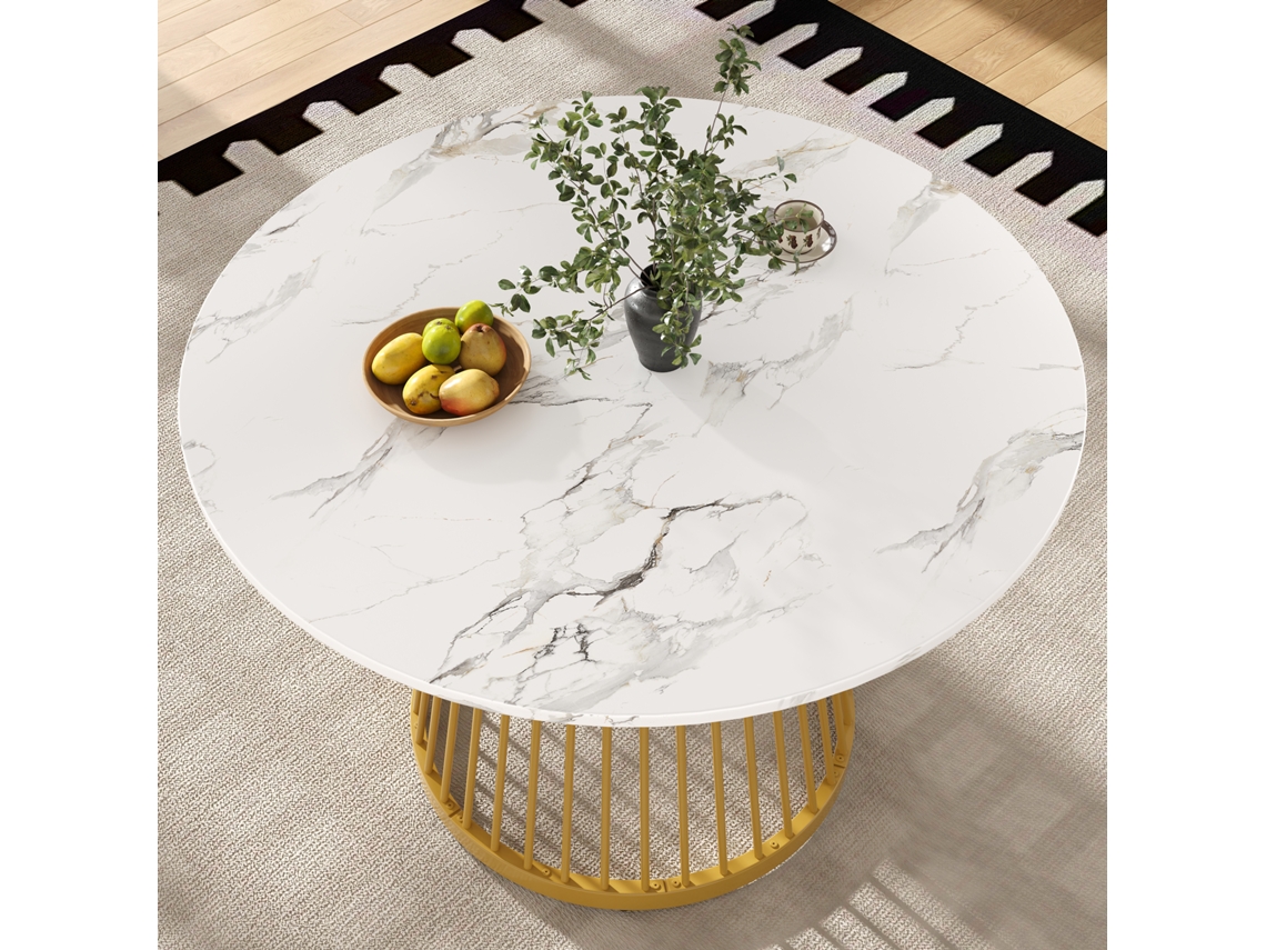 Mesa De Jantar Redonda Estrutura Em Metal Revestimento Com Padrão Em Mármore 2 A 4 Pessoas Mdf Branco E Dourado Estilo