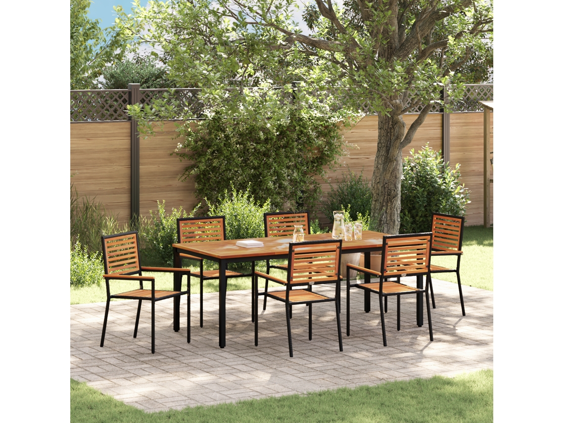 Conjunto 7 De Jantar Para Jardim Vidaxl  Preto Rattan Poliéster Acácia