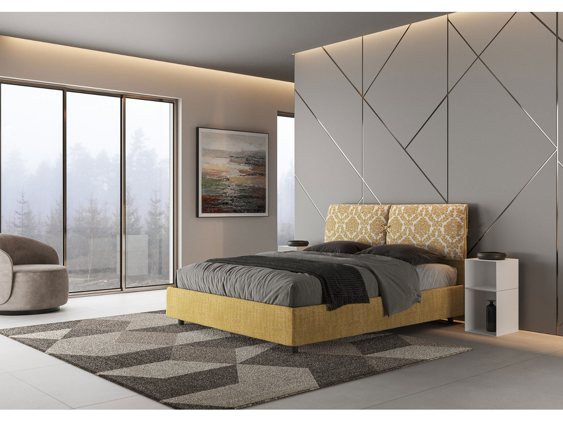 Cama de Casal Queen Size com Arrumação Estofada MadosITYHOME (160 x 210 cm - Paneles de Melamina y tejido)