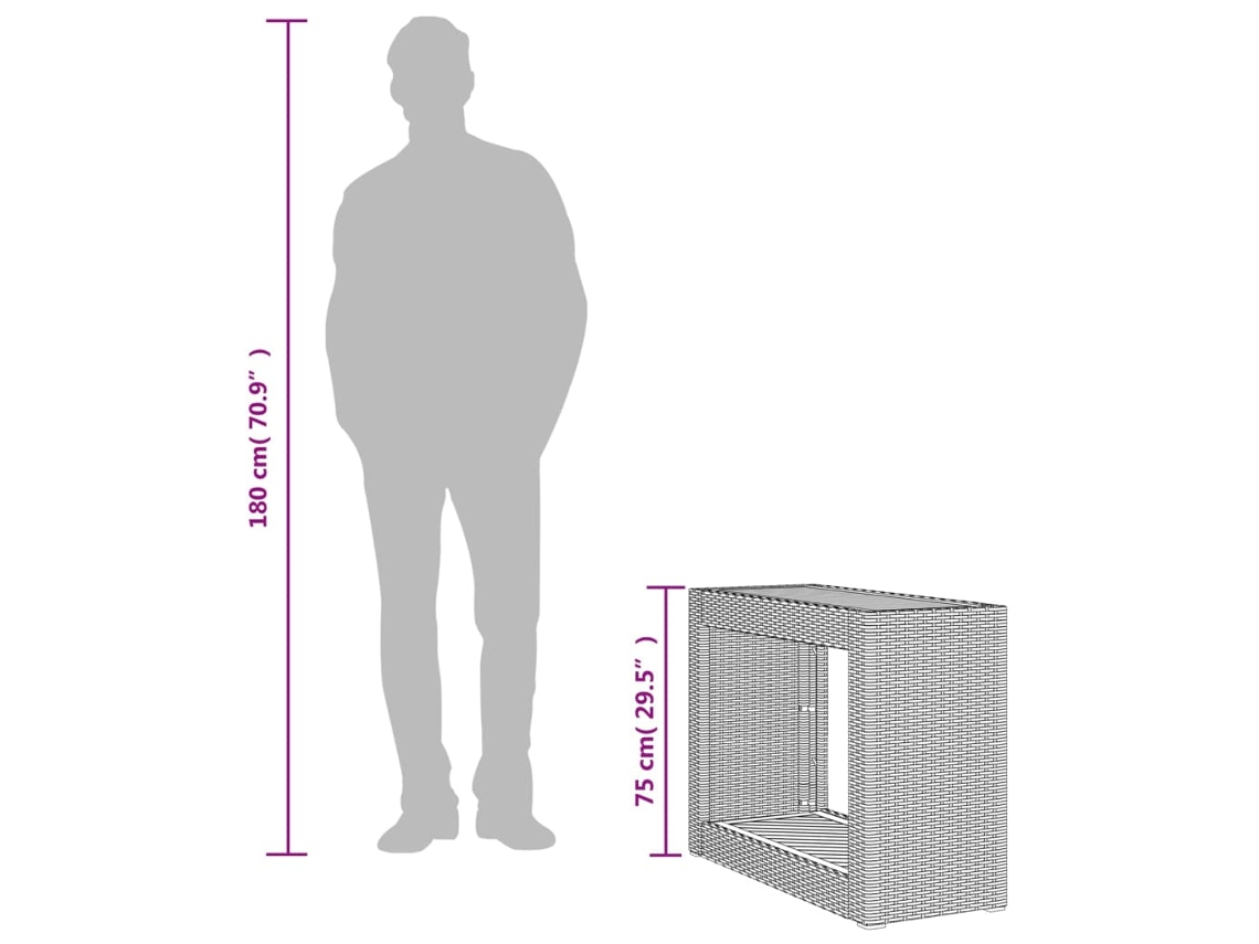 Mesa Apoio Jardim com Tampo Madeira 100X40X75Cm Vime Pe Cinzento PANGSHIYUAN