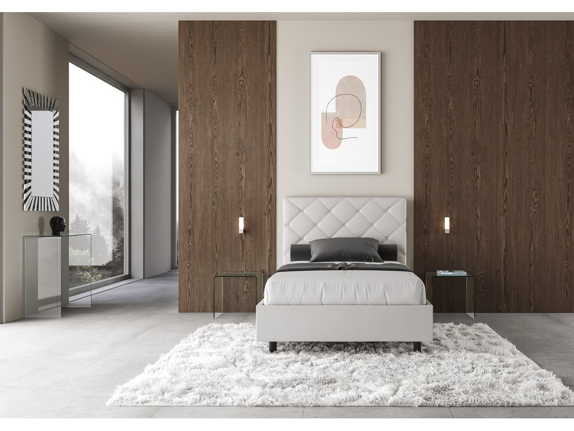 Cama de Casal com Arrumação Estofada PriyaITYHOME (140 x 210 cm - Painéis de Melamina e Couro Sintético)