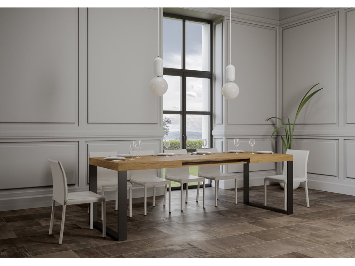 Mesa de Jantar Extensível 90X120/224 Cm Tecno Carvalho Natural Quadro Antracite