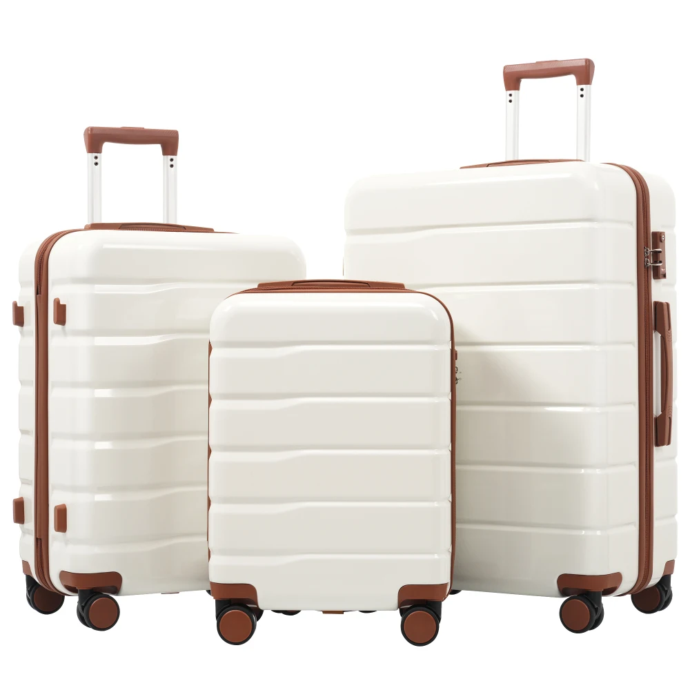 Conjunto De Malas De 3 Peças, Material Abspc Durável, Fecho Tsa, Marrom E Branco Oem