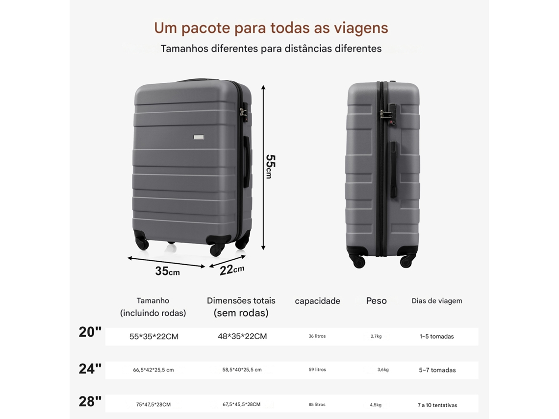 Conjunto De Malas, Tamanhos M L Xl, Malas Rígidas Em Abs, Conjunto De Malas Duráveis, Malas Com Rodas Giratórias E Fecho, Com Necessaire, Cinzento