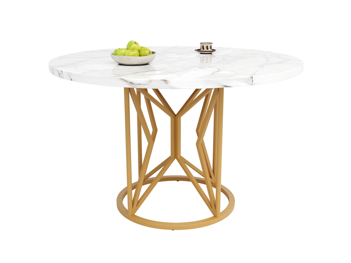 Mesa De Jantar Redonda Com Tampo De Mdf Marmorizado Dourado, Pernas Metálicas Geométricas Pangshiyuan (100x100x76cm)