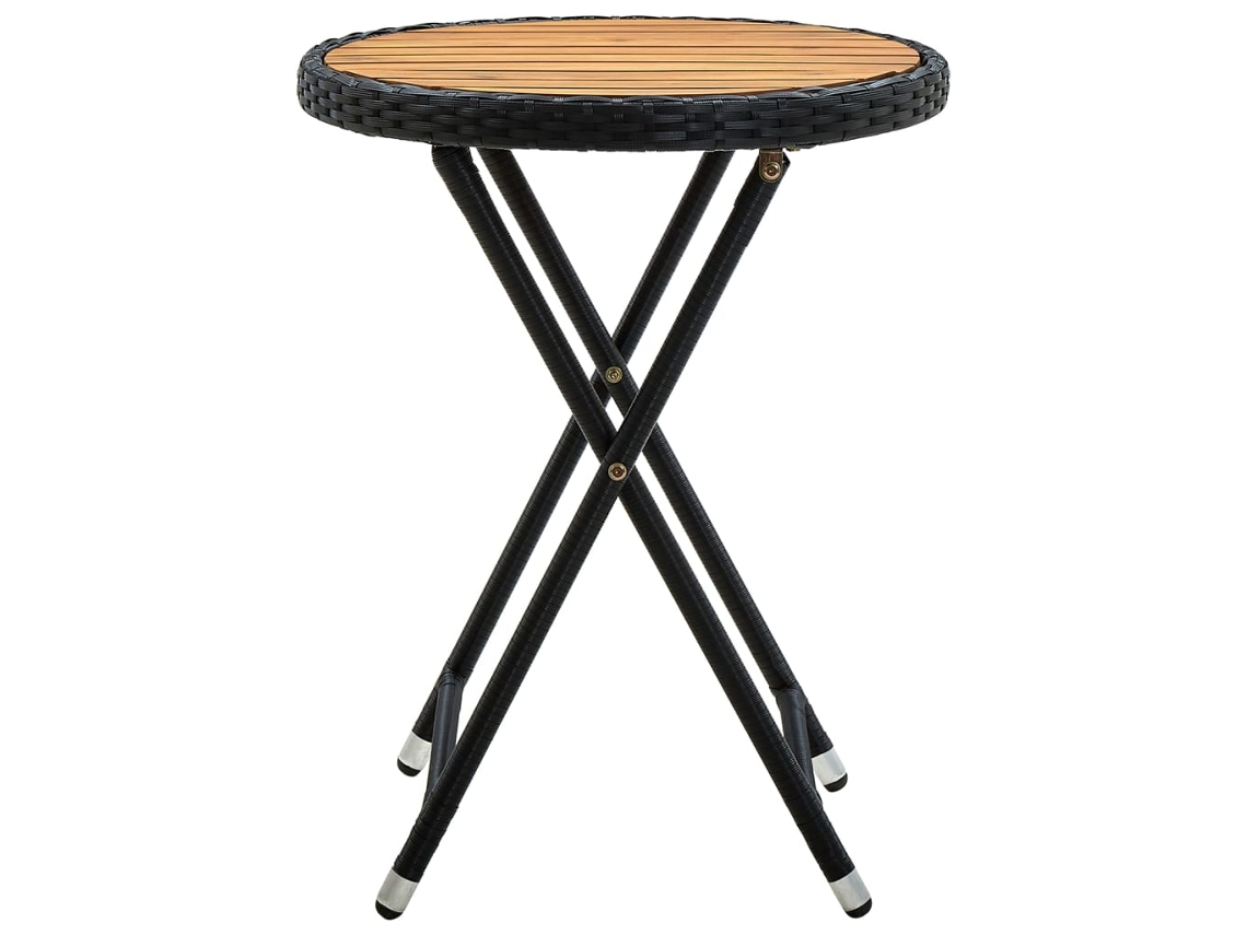 Mesa De Chá 60 Cm Com Vime Pe E Madeira De Acácia Maciça Preto Dobrável