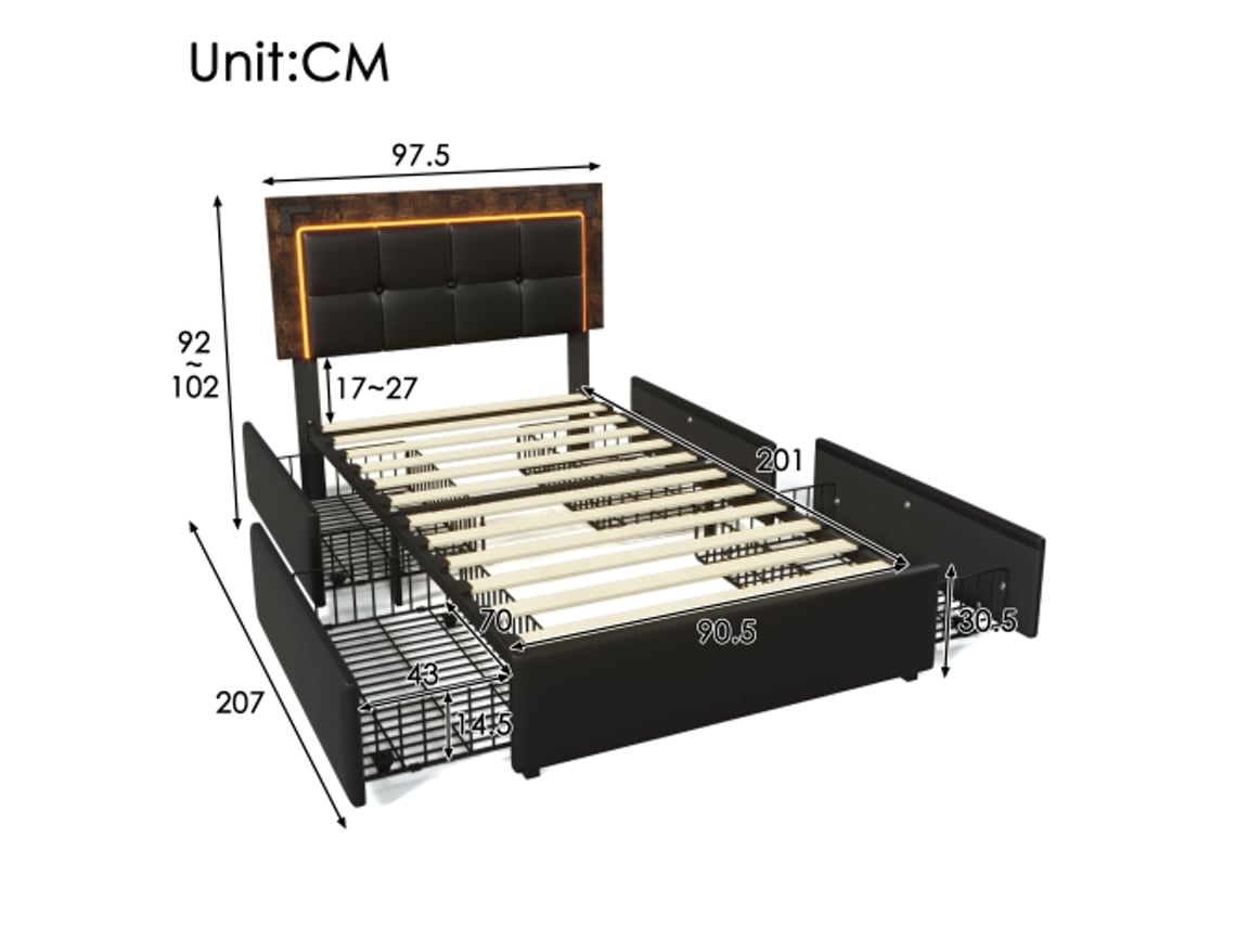 Estrutura De Cama Com Iluminação Led E 4 Gavetas, Cama Solteiro 90x200cm, Cabeceira Ajustável, Cama Funcional, Pu Preto Liptaptyn (inclui Colchão)