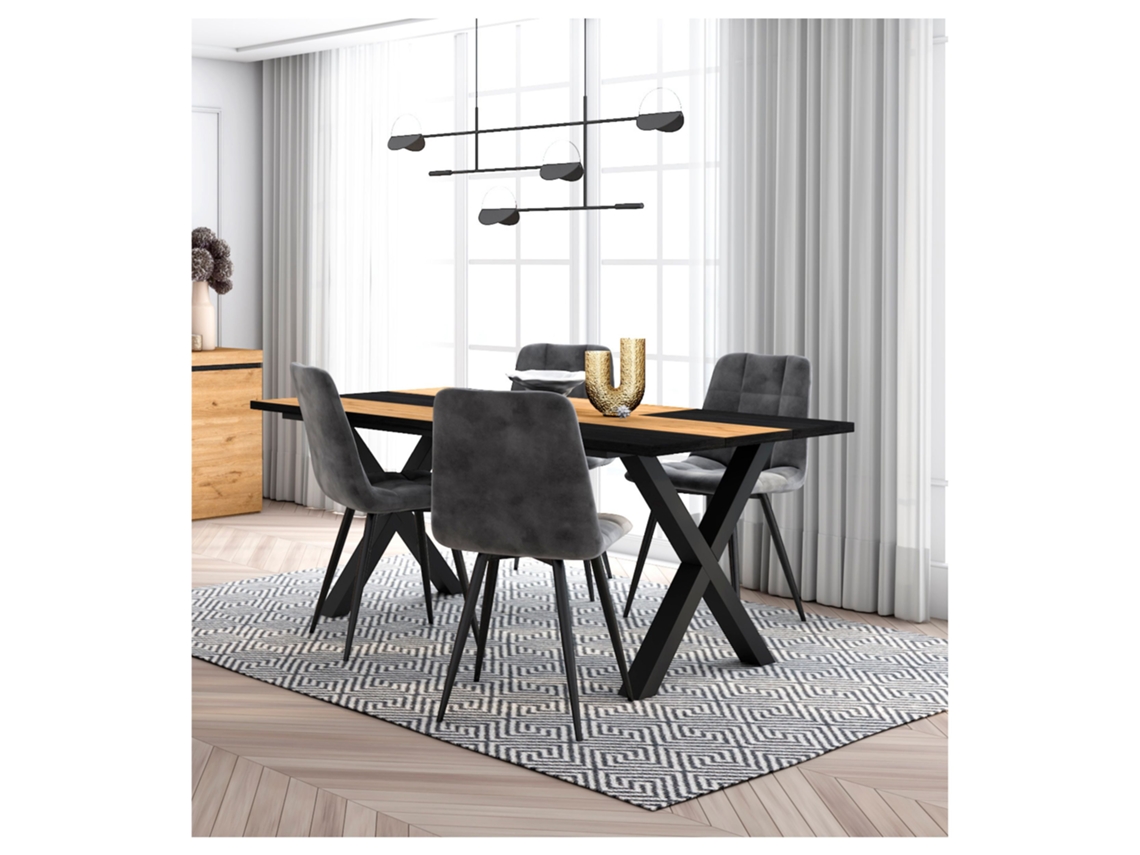 Conjunto Móveis Mesa de Sala de Jantar 170 Oak e Black Industrial Mesa Jantar Conjunto de 4 Cadeiras de Jantar Cadeira Estofada DUERMETE ONLINE