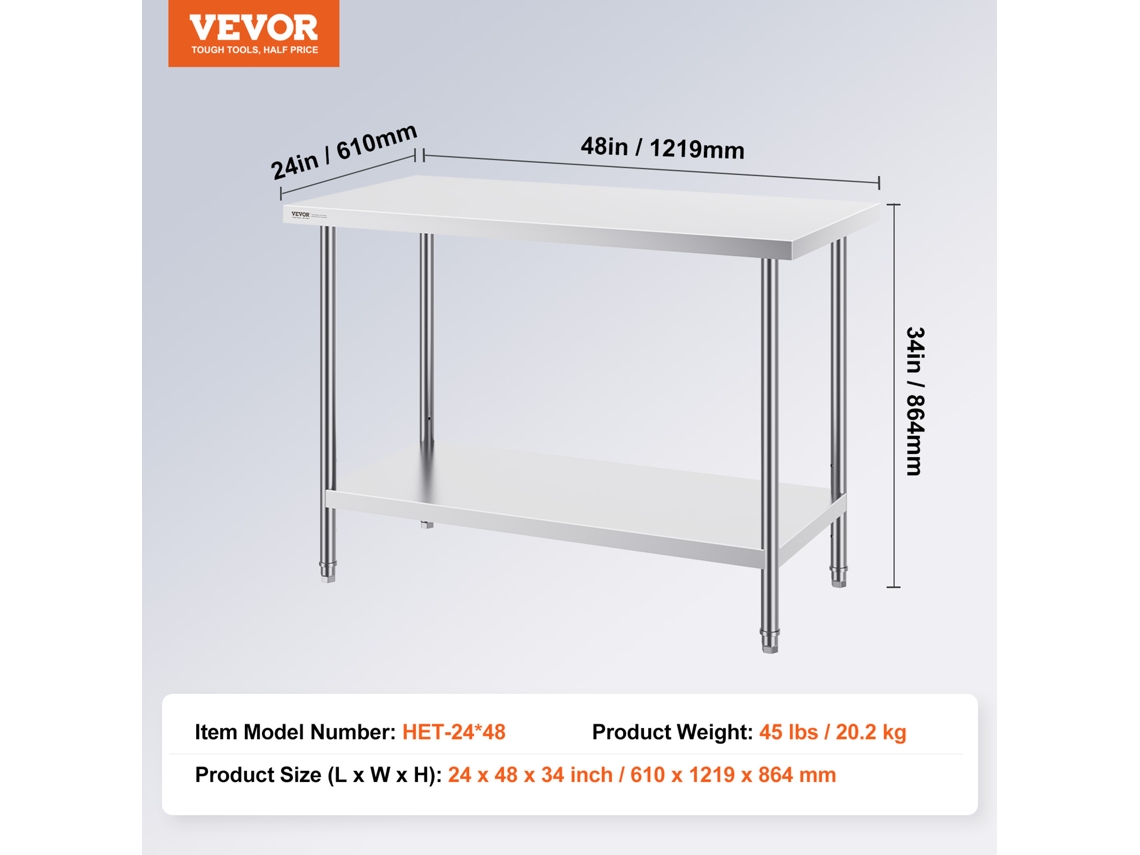Mesa de Preparação de Trabalho de Aço Inoxidável VEVOR Mesa de Trabalho Comercial Preparação de Alimentos 24X48X34In