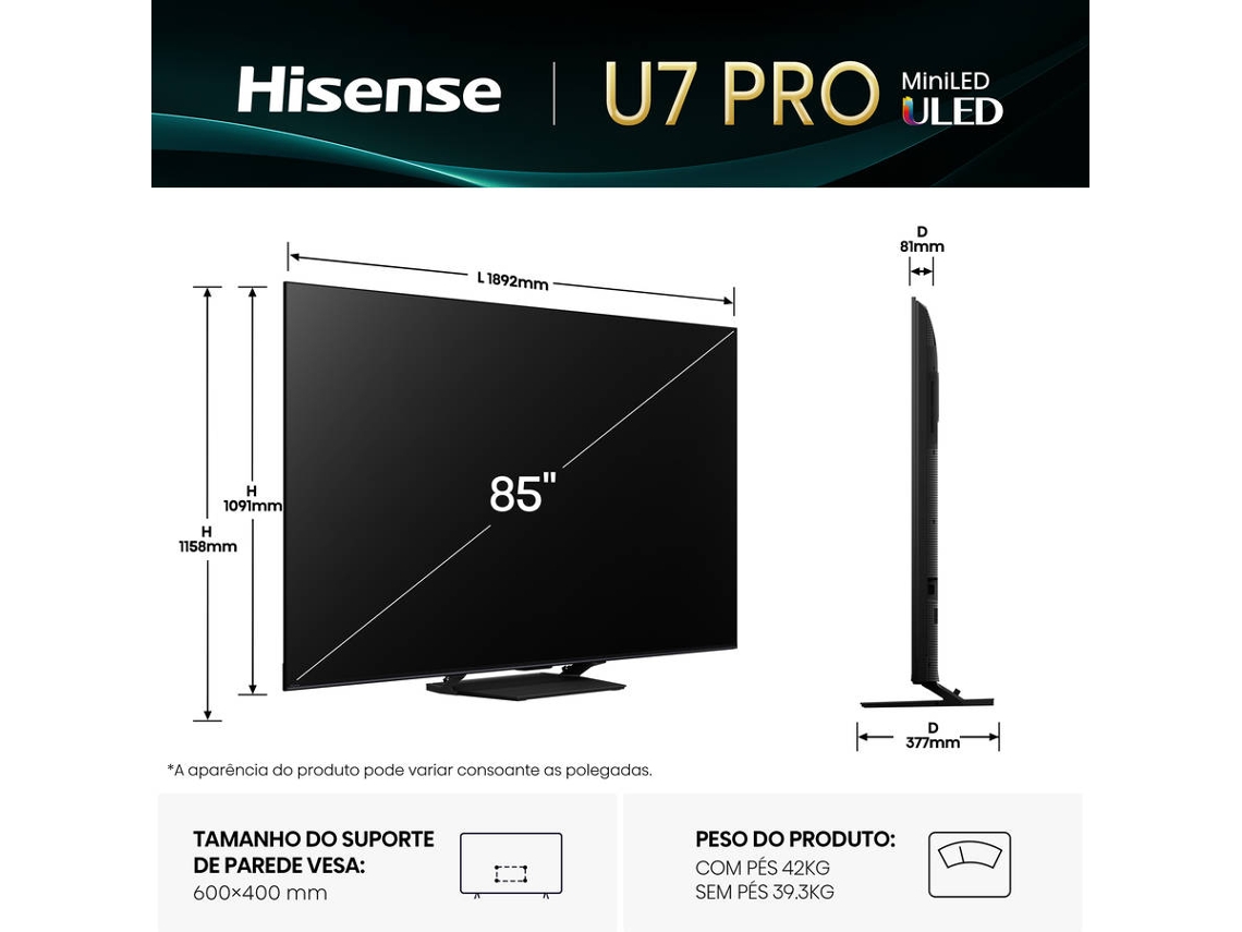 TV HISENSE 85U7Q PRO (Mini LED 165Hz - 85'' - 215 cm - 4k Ultra HD - Smart TV)