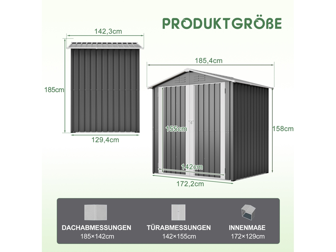 Casinha De Jardim Metálica De 142x185cm Com Orifícios De Ventilação, Incluindo Base Metálica E Porta Com Fechadura. Zkaka