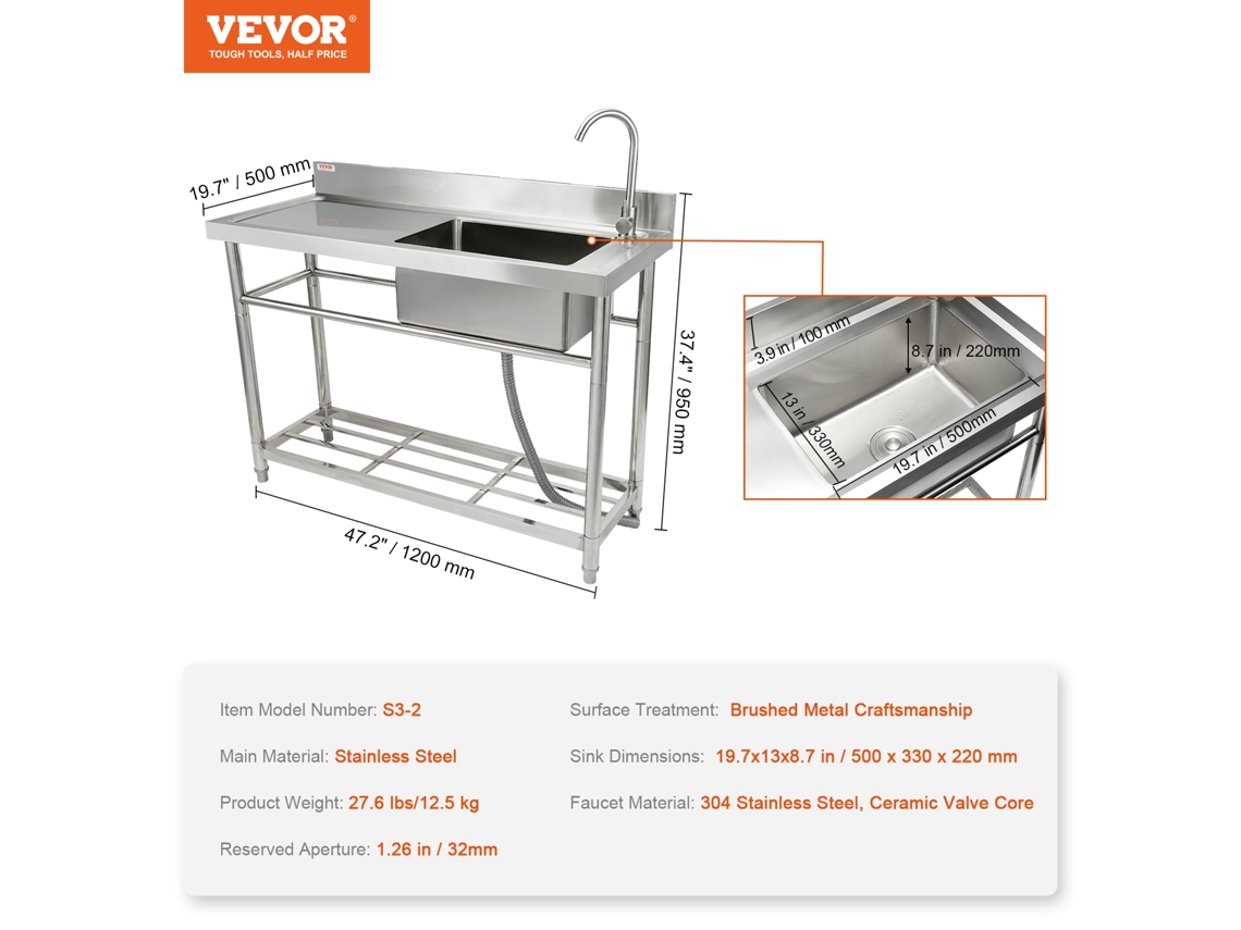 Pia Utilitária de Aço Inoxidável VEVOR Pia Pequena Independente de 1 Compartimento com Torneira de Bancada e Pernas Lavanderia Certificação Nsf