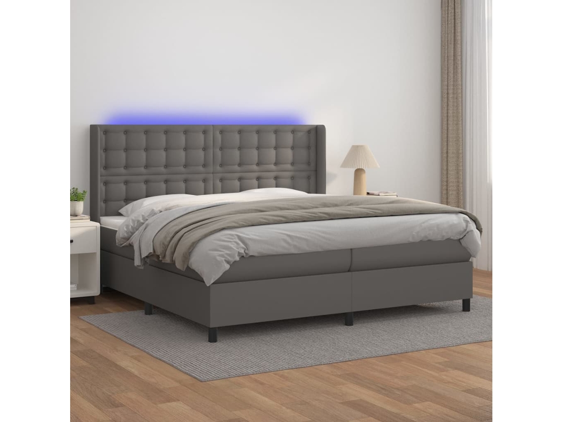 Cama Box Spring VIDAXL Colchão/LED (Cinzento - Couro Artificial - 200 x 200 cm)