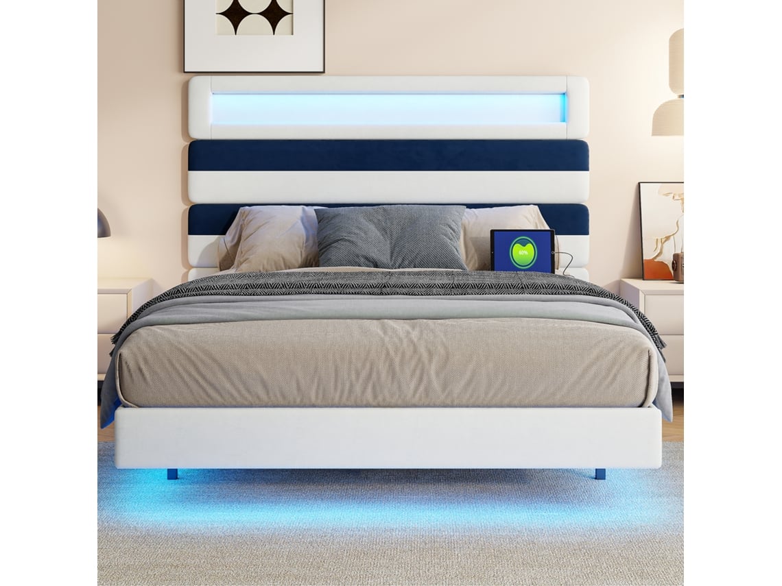 Cama De Casal 140x190cm Com Led E Usb, Cama Estofada, Cama Com Arrumação, Cama Juvenil, Veludo, Sem Colchão Rosahqnda