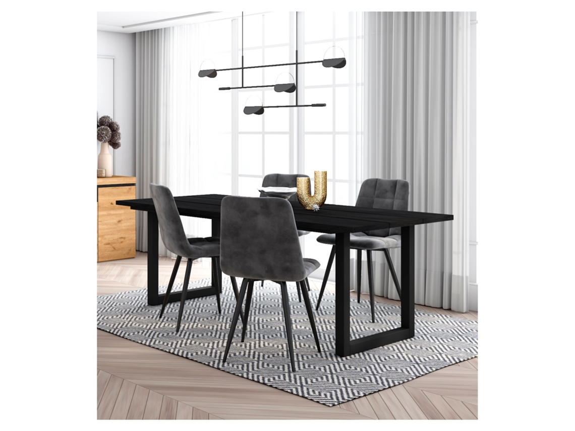 Conjunto Móveis Mesa de Sala de Jantar 200 Preto Estilo Industrial Mesa Jantar Conjunto de 4 Cadeiras de Jantar Cadeira Estofada DUERMETE ONLINE