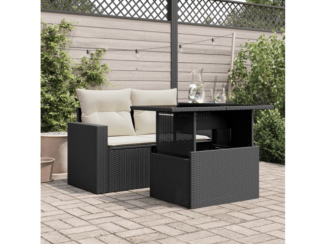 Mesa De Jardim 100x55x73 Cm Vime Pe Preto Com Tampo De Vidro
