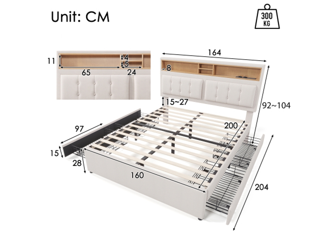 Cama Casal Com 4 Gavetas E Usb, 160x200cm, Cabeceira Ajustável, Base De Madeira Ehstmind (inclui Colchão)