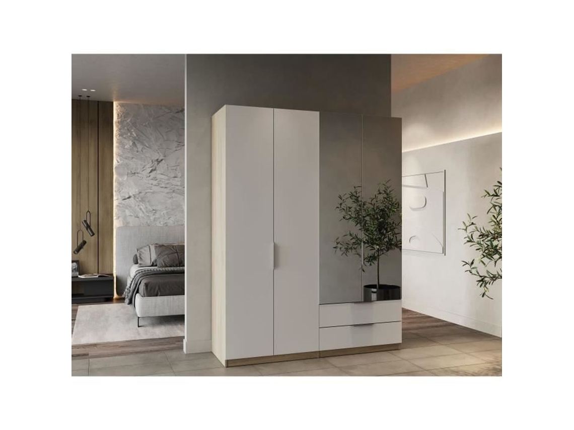 Armário Kronberg em carvalho e branco fosco - 4 portas 2 gavetas - 2 espelhos - 157,3 x 51,1 x 203 cm DEMEYERE