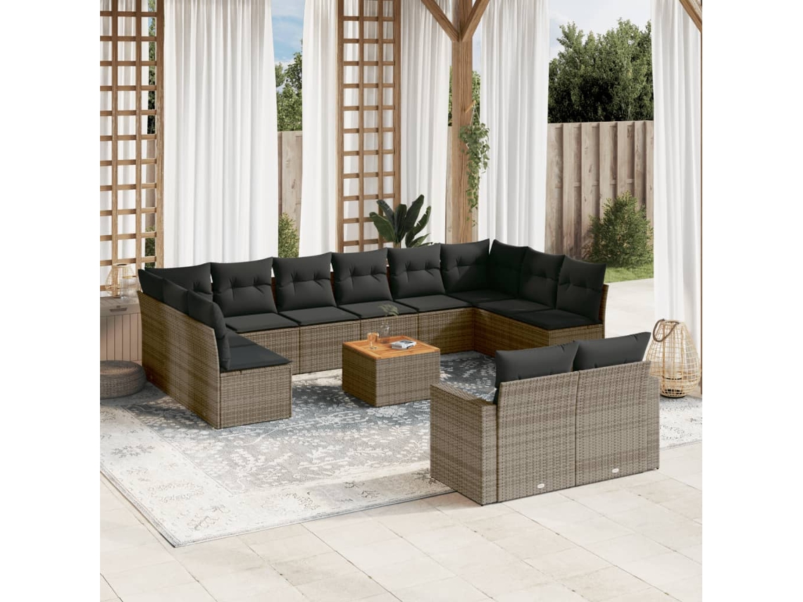 Conjunto 13 sofás p/ jardim c/ almofadões VIDAXL vime PE cinzento