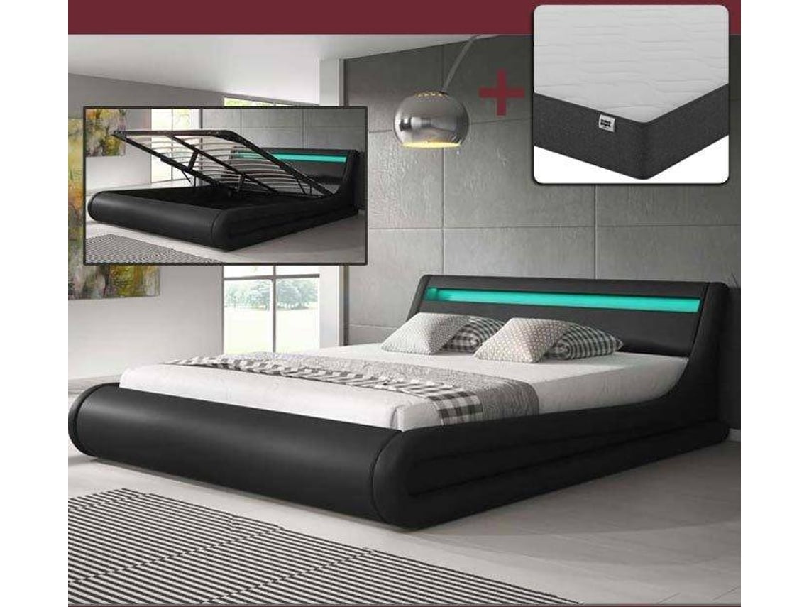 Cama com Colchão Parisina MÓVEIS BONITOS (Preto - Polipele - Colchão 180x200cm - com Estrado Elevatório)