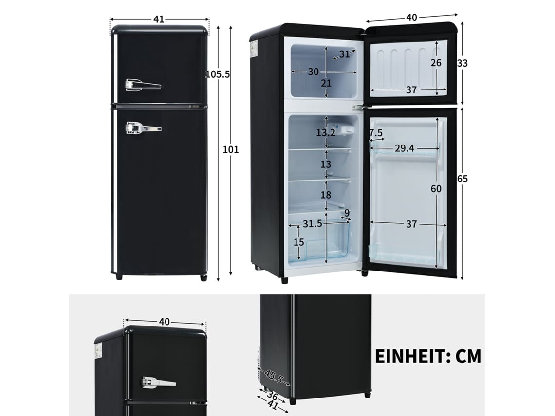 Este Frigorífico/congelador Mede 105,5 Cm De Altura E 41 Cm De Largura, Tem Um Design De Porta Dupla E Uma Capacidade Total De 92 Litros.