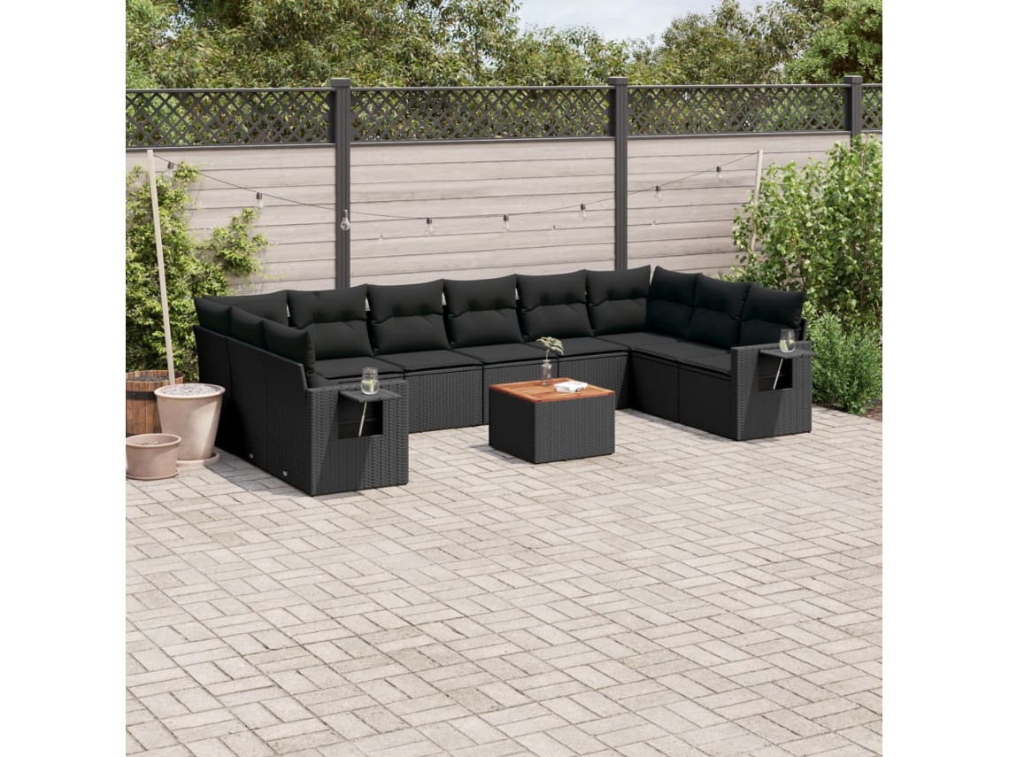 Conjunto 11 sofás de jardim c/ almofadões VIDAXL vime PE preto