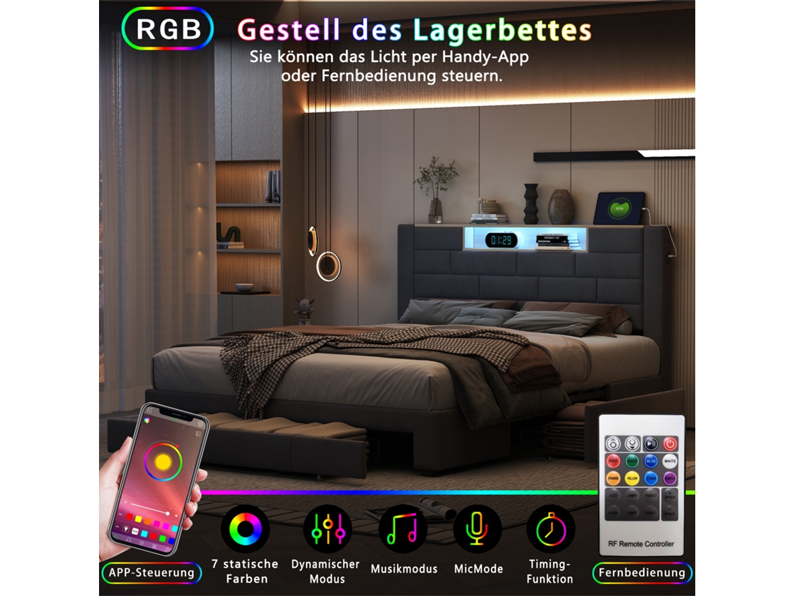 Cama Estofada 160x200 Cm, Cama De Casal, Cama Com Arrumação E 3 Gavetas, Usb Tipo C, App Control Led, Tecido De Veludo Cinza