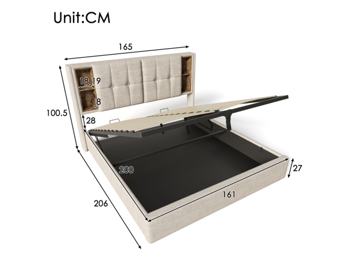 Cama Casal Com Carregamento Sem Fio Usb C, Estrutura 160x200cm, Base De Madeira E Armazenamento - Linho Natural (inclui Colchão)