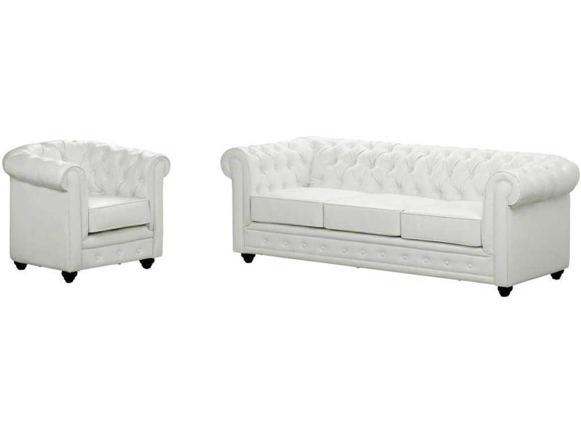 Conjunto Sofá e Poltrona Fixo Chesterfield VENTE-UNIQUE (Branco - Pele sintética - 205x88x72 cm)