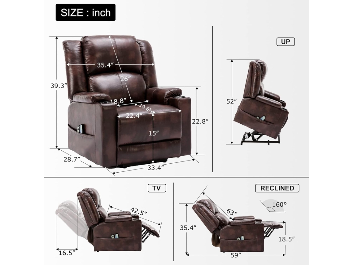 Poltrona COMHOMA Eléctrica Reclinável de Massagem Relaxante (em Pele -  Castanho)