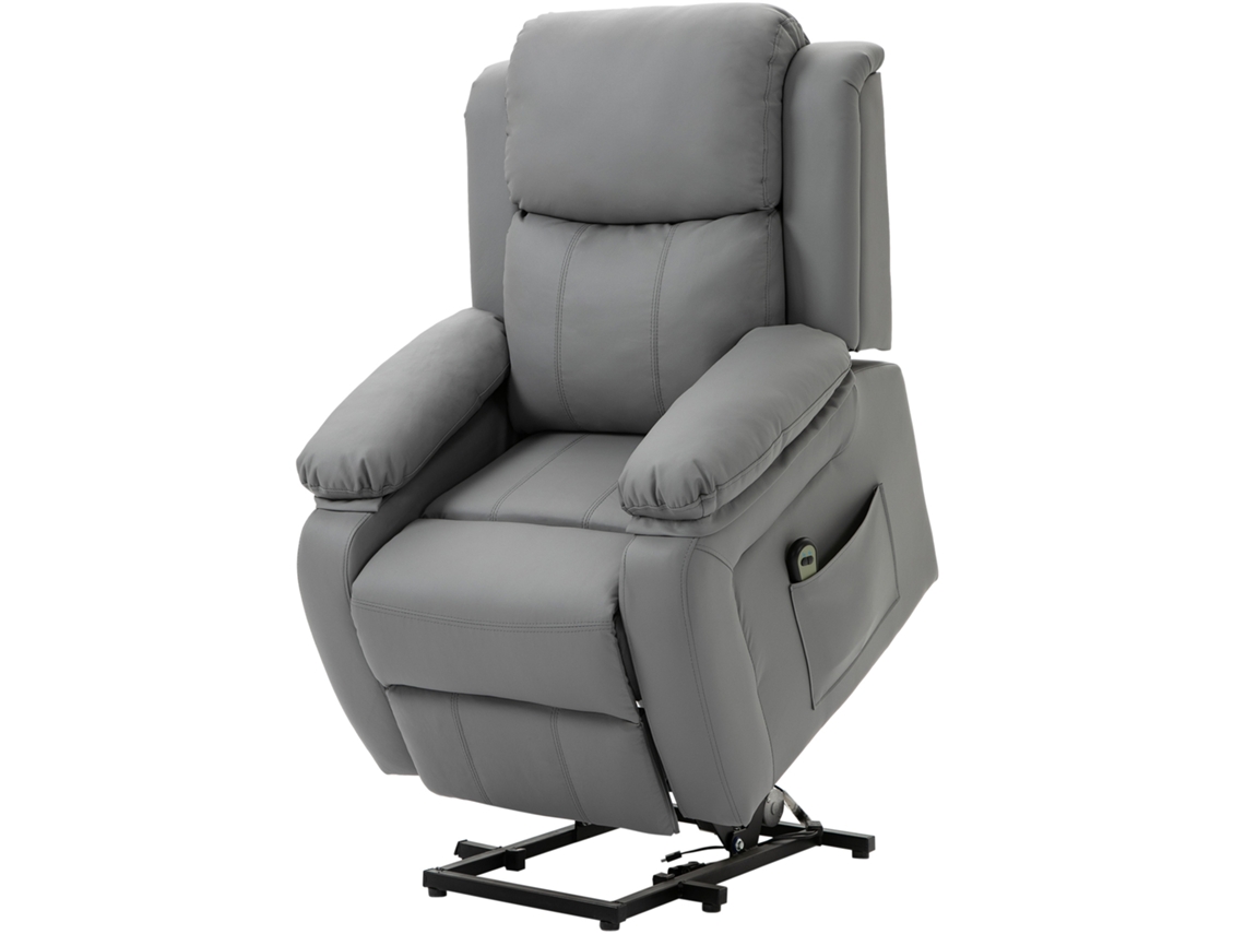 Poltrona Elétrica Elevatória, Controle Remoto, Revestimento Em Couro Sintético, Estofada Com Função De Elevação, Cinza Btforus