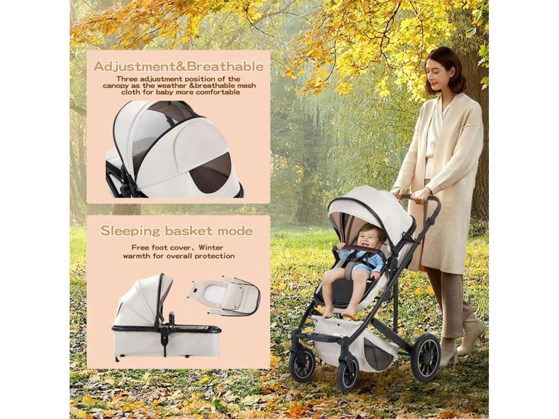 Bazarland30. Carrinho 3 Em 1 Com Cadeira De Carro Portátil, Amortecedores De Impactos, Estrutura Em Liga De Alumínio. Branco